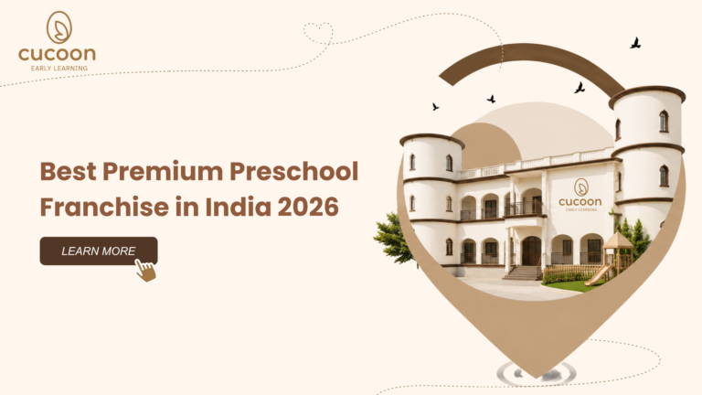 This advertisement highlights the Cucoon Early Learning preschool franchise in India.The image showcases a premium, castle-like campus design intended for young children.